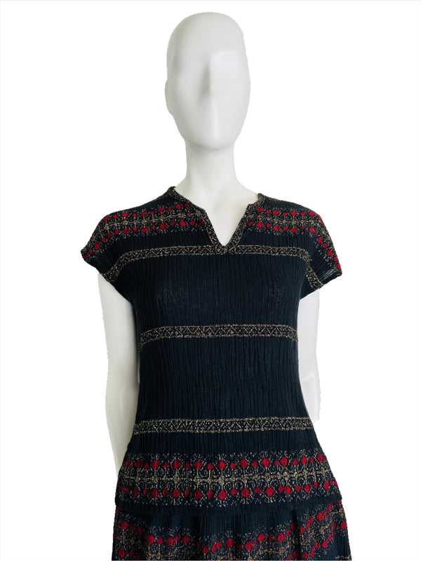 Vintage Greek Black Pleated Cotton Gauze Skirt & Top Set