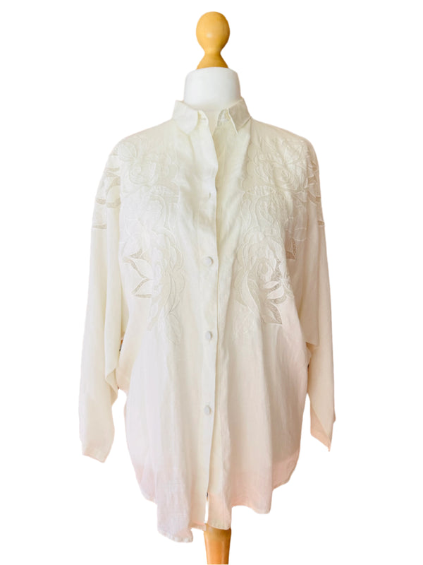 Vintage White Linen Floral Embroidered Blouse