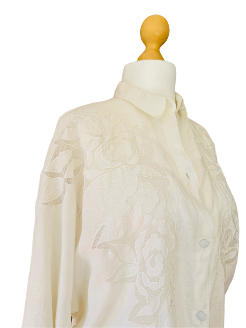 Vintage White Linen Floral Embroidered Blouse