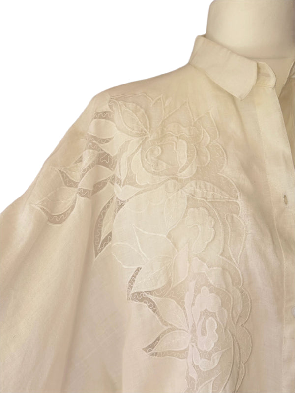 Vintage White Linen Floral Embroidered Blouse
