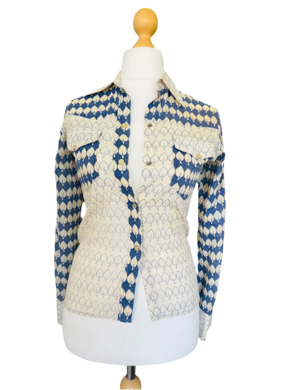 1970s Cotton Gauze Blue & Ivory Printed Blouse