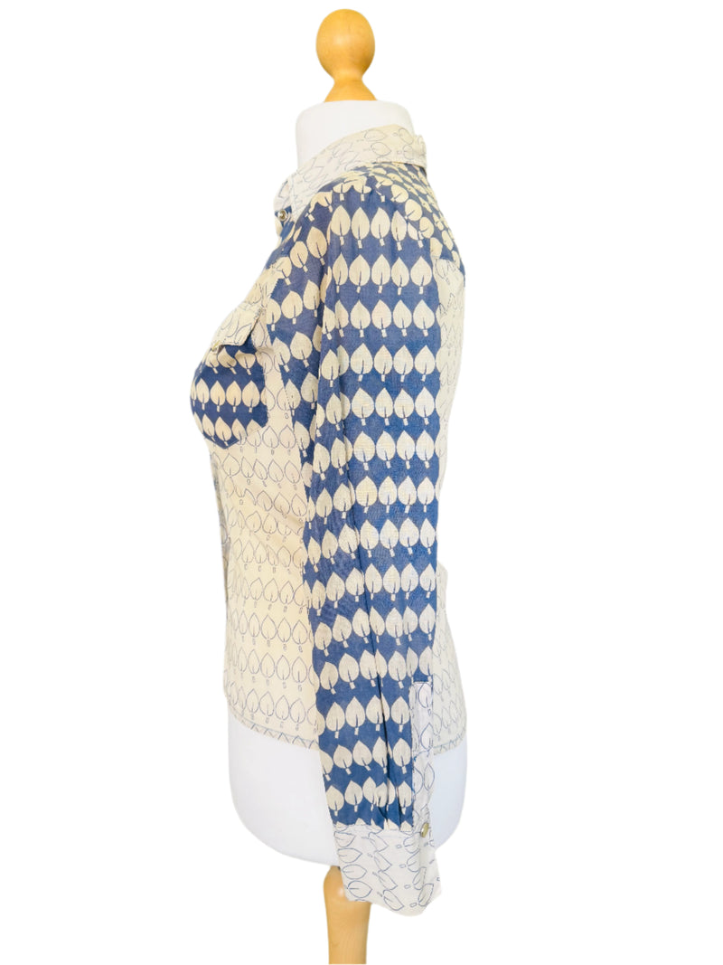 1970s Cotton Gauze Blue & Ivory Printed Blouse