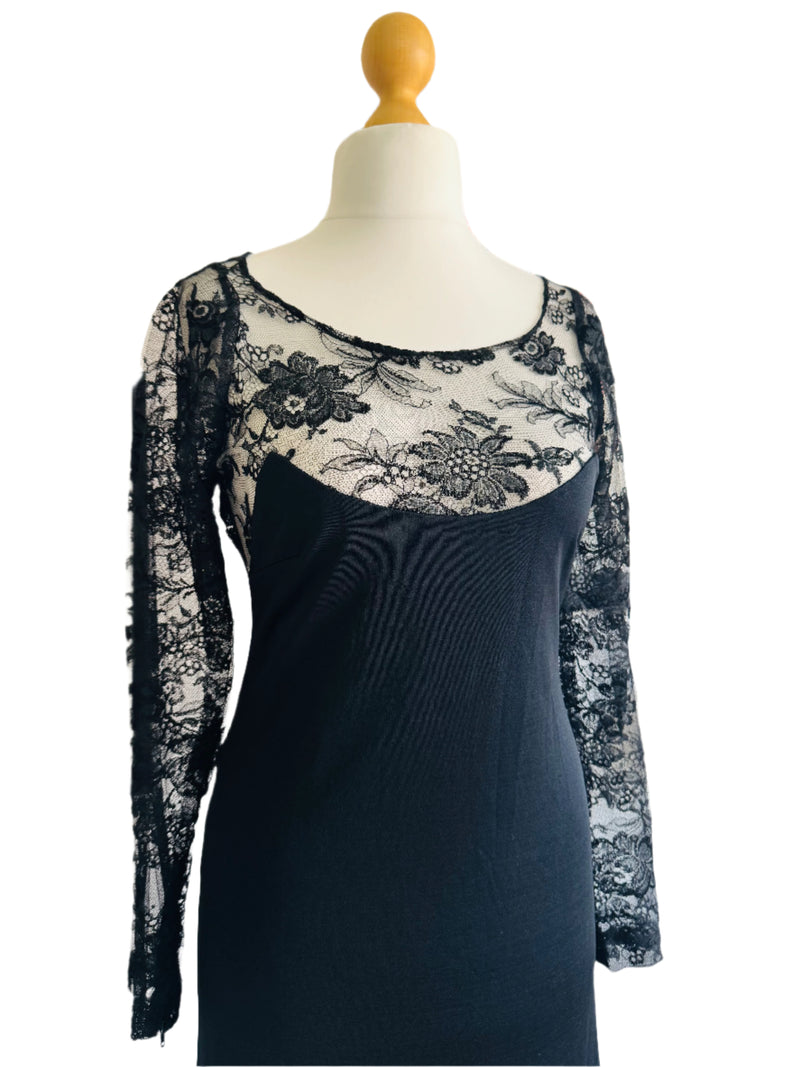 Vintage Loris Azzaro Black Jersey Dress w/Lace Accents