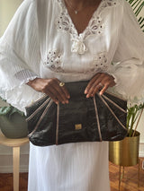 Kooba Black Leather Fan Clutch Bag w/Silver Trim