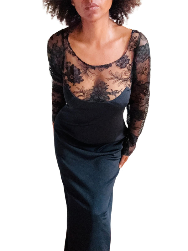 Vintage Loris Azzaro Black Jersey Dress w/Lace Accents