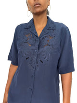 Navy Silk Embroidered Button Down Blouse