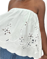Upcycled White Cotton Embroidered Strapless Top