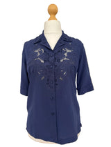 Navy Silk Embroidered Button Down Blouse