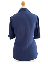 Navy Silk Embroidered Button Down Blouse
