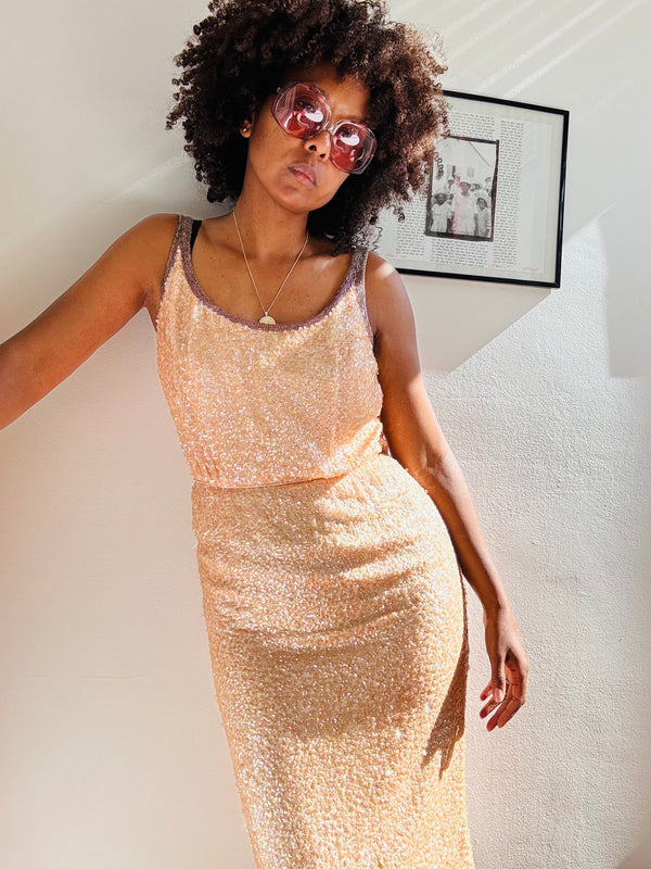 1960's Blush Pink Iridescent Sequin Cocktail Dress