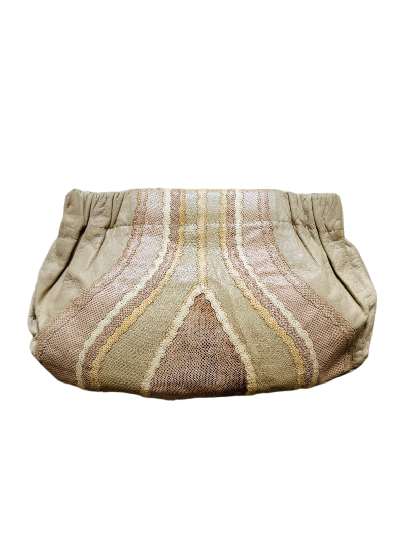1980s Carlos Falchi Beige Snakeskin Leather Clutch Bag