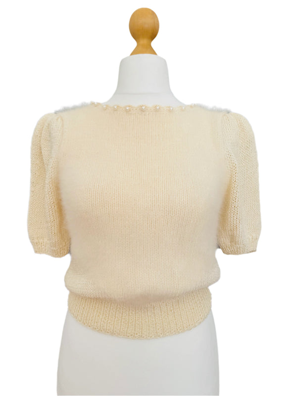 1980s Nannell Ivory Short Puffed Sleeve Open Back Sweater