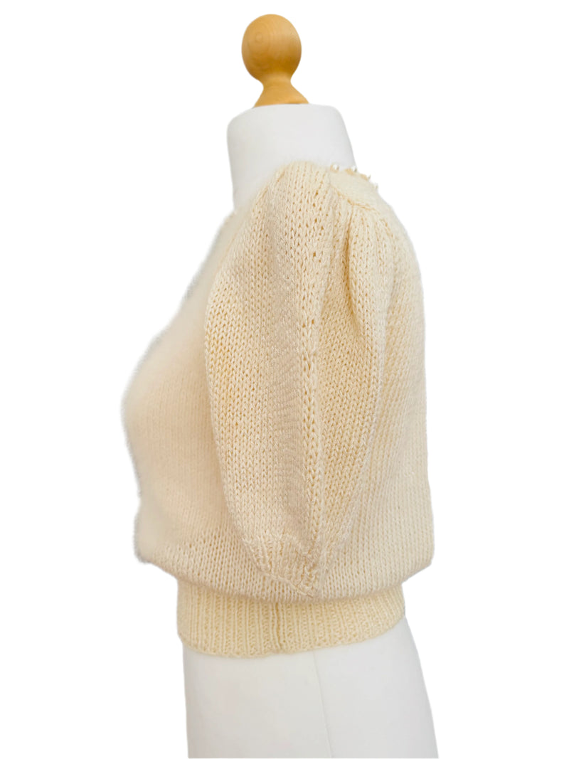 1980s Nannell Ivory Short Puffed Sleeve Open Back Sweater
