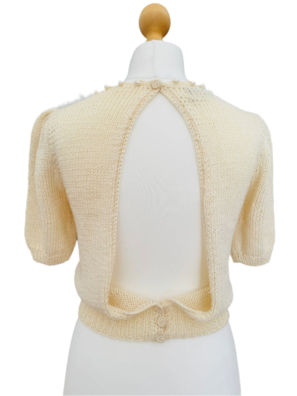 1980s Nannell Ivory Short Puffed Sleeve Open Back Sweater