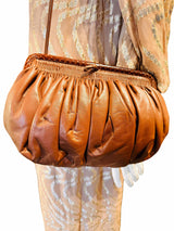Vintage Chocloate Brown Leather Ruched Crossbody Clutch Bag