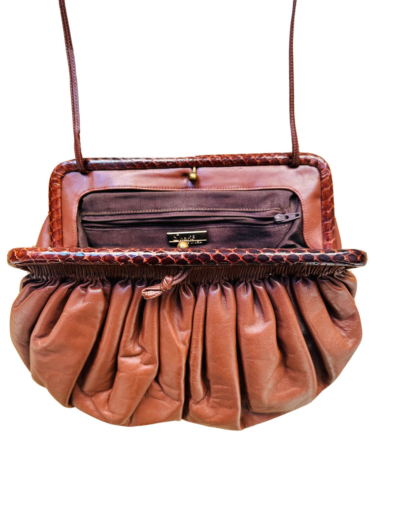 Vintage Chocloate Brown Leather Ruched Crossbody Clutch Bag