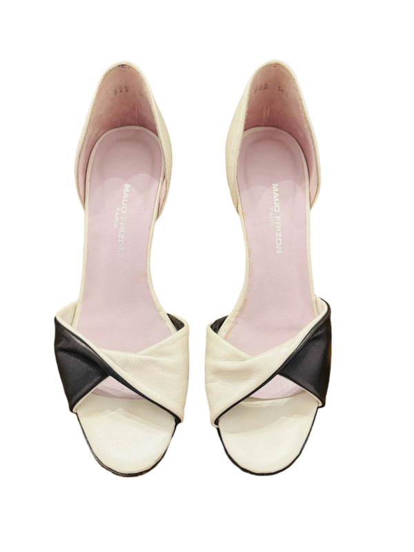 Vintage Maud Frizon Black & White Leather Open Toe Pumps