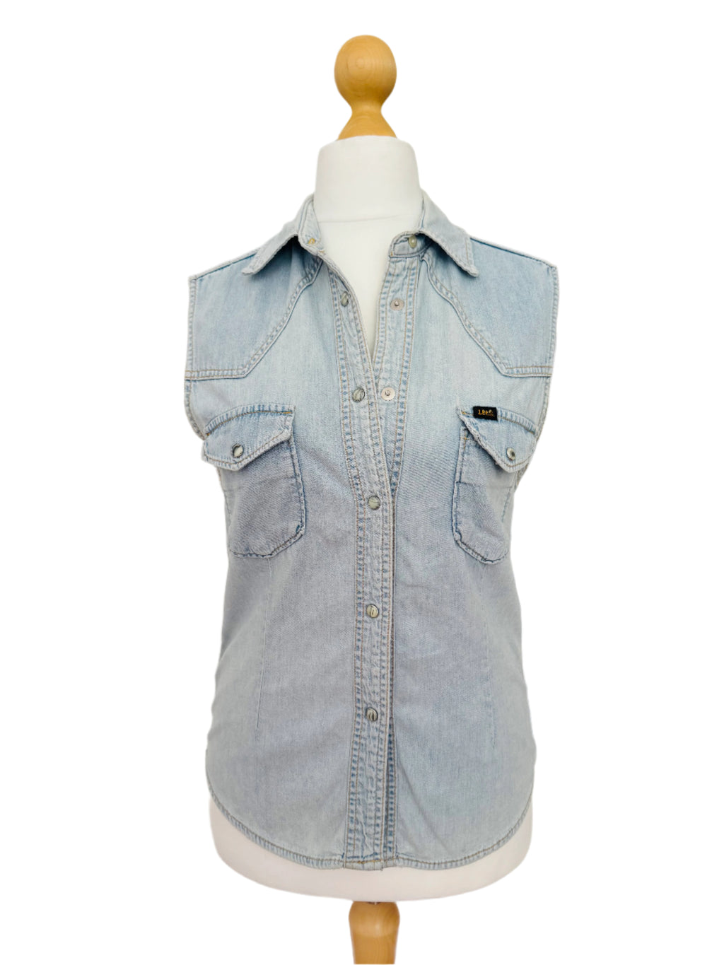 Vintage Lee Light Blue Washed Denim Sleeveless Button Down