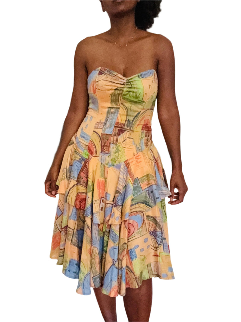 1980s Strapless Pastel Printed Tiered Dress