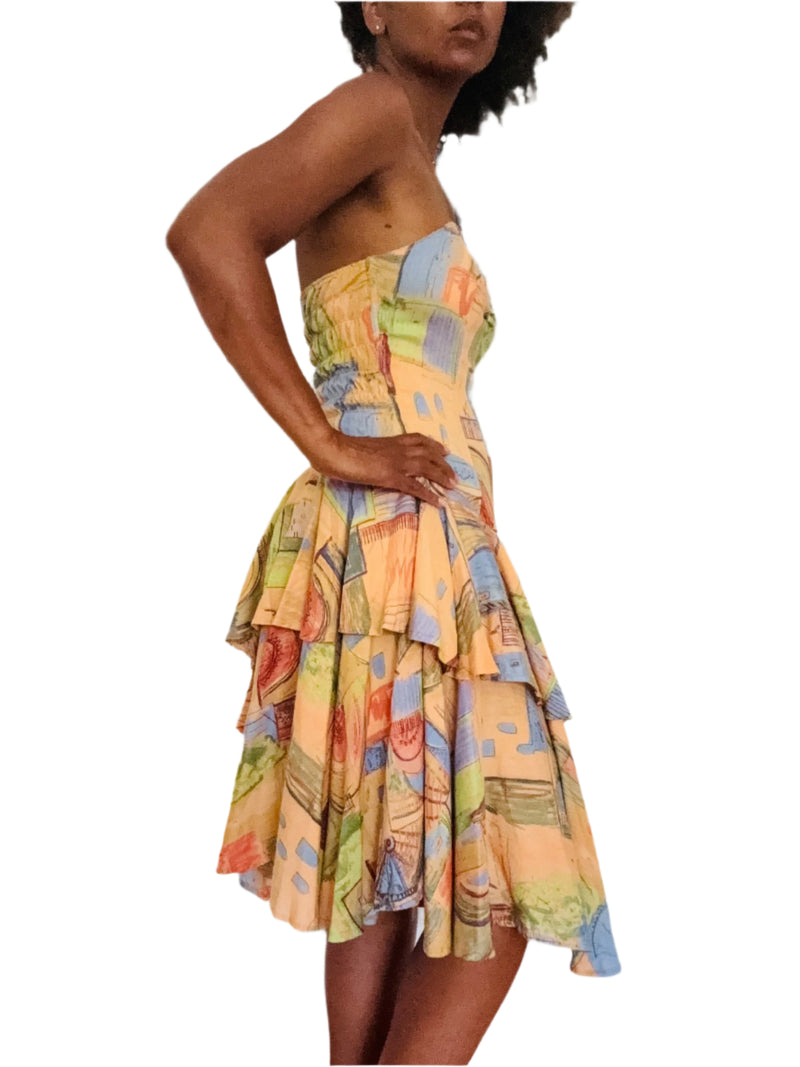 1980s Strapless Pastel Printed Tiered Dress