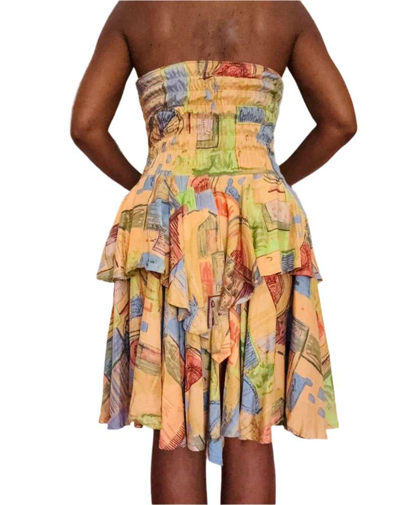 1980s Strapless Pastel Printed Tiered Dress