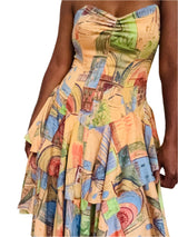 1980s Strapless Pastel Printed Tiered Dress