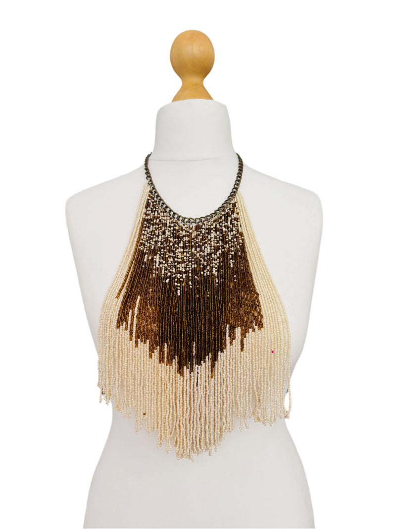 Beaded Ivory and Brown Fringed Necklace
