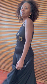 1970s Black Jersey Dress w/Star Appliqué Bodice
