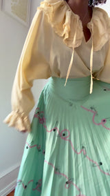 1970's Zandra Rhodes Mint Green Safety Pin Print Pleated Skirt