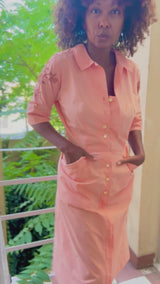 40s/50s Peach Cotton Shirtwaist Dress with Embroidered Details