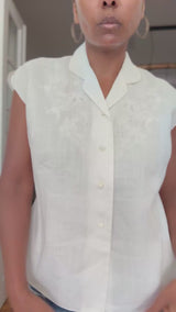 White Linen Embroidered Short Sleeved Blouse