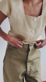 Vintage Beige Linen Square Neckline Top