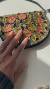 1920's Deco Velvet Purse w/Handpainted Floral Leather Appliqué