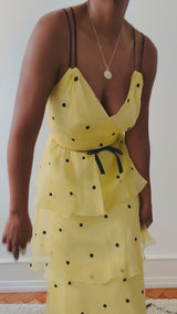 Vintage 1970s Buttercream Yellow Polka Dot Silk Tiered Gown