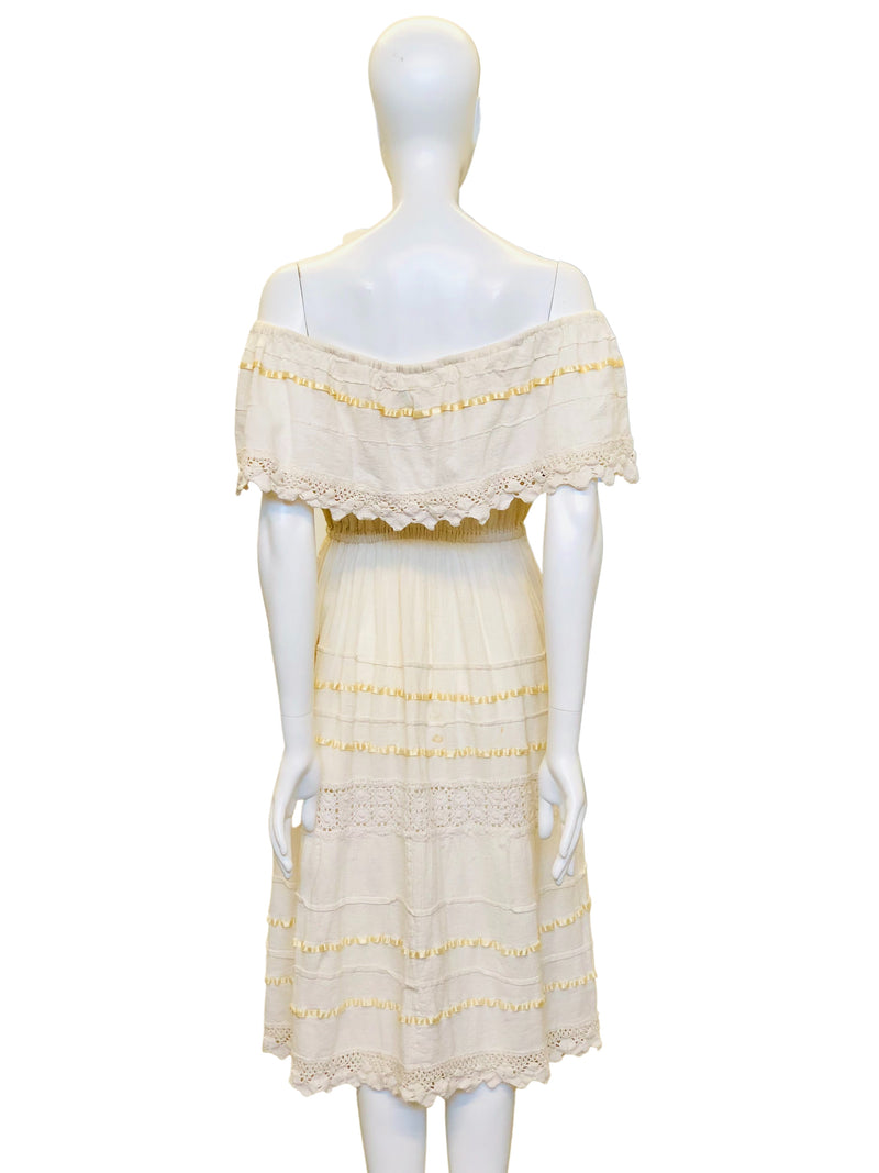 Vintage 1970's Bohemian Ivory Crinkled Cotton Tier Ruffle Dress