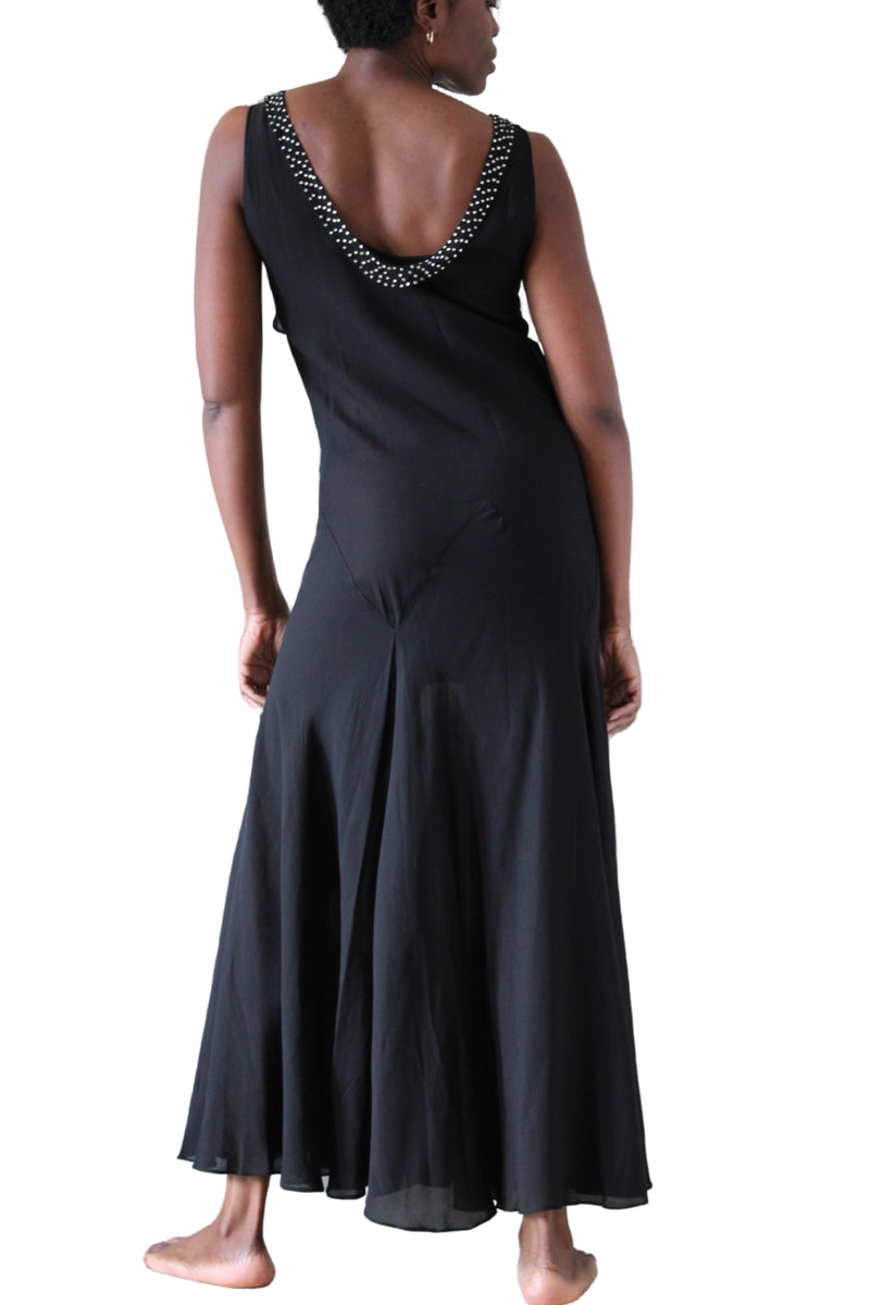 1930's Black Silk Crepe Gown w/Crystal Rhinestone Bib