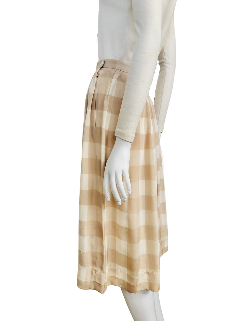 1980's Carol Little Beige and Ivory Silk Check Pleated Skirt