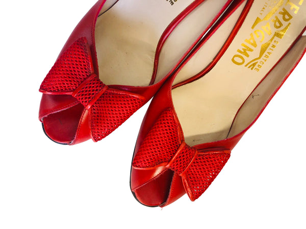Vintage Salvatore Ferragamo Red Slingback Peep Toe Bow Heels