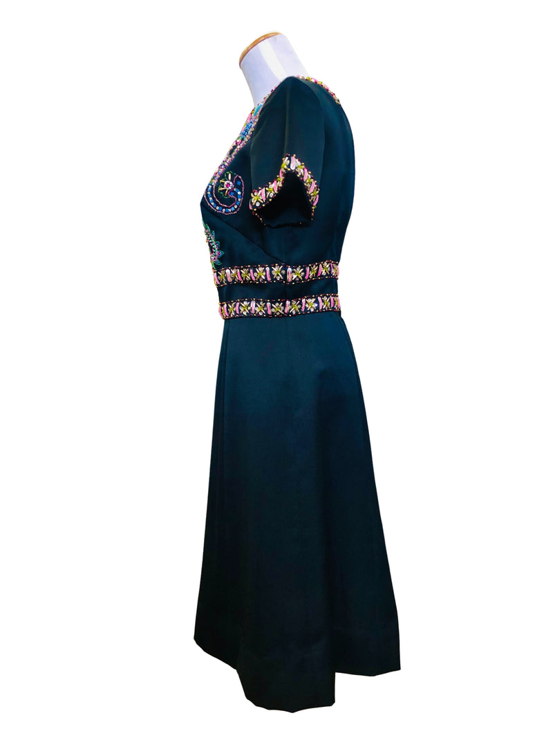 1960's Black Embroidered Satin Empire Waist Cocktail Dress