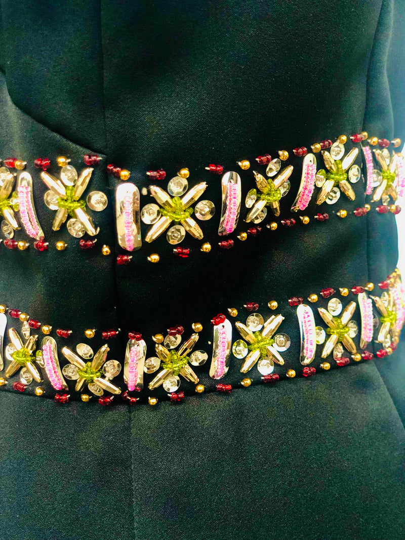 1960's Black Embroidered Satin Empire Waist Cocktail Dress