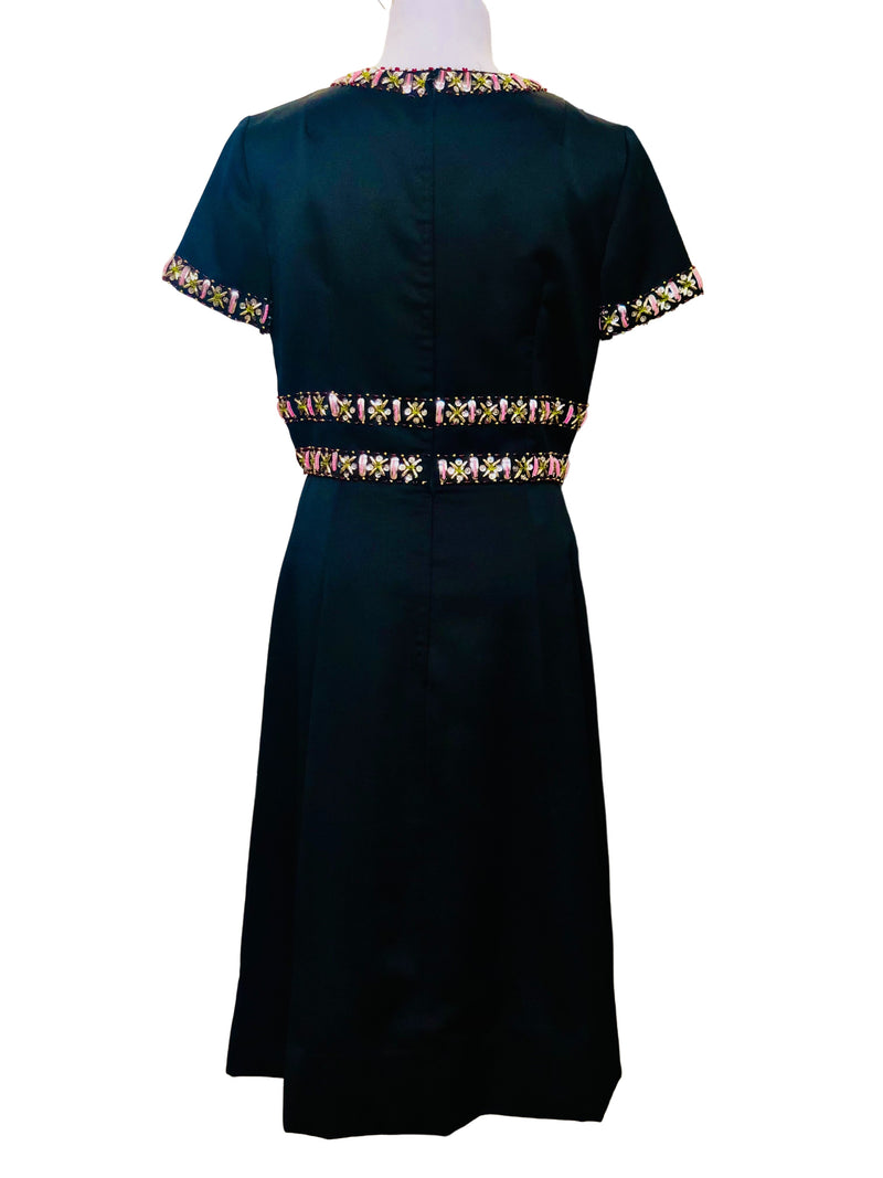 1960's Black Embroidered Satin Empire Waist Cocktail Dress
