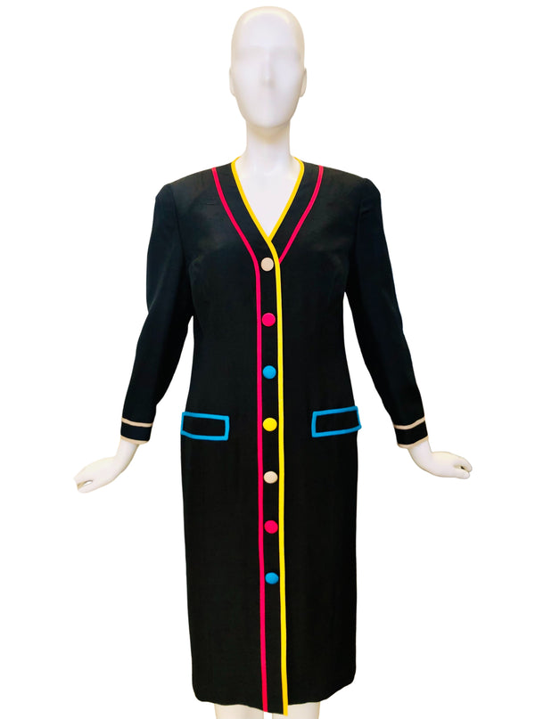 Anne Crimmons Black Silk Shift Dress w/Contrast Multicolor Trim