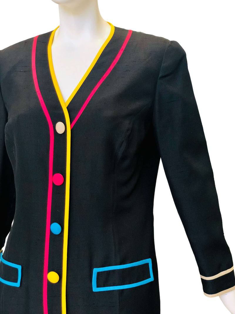 Anne Crimmons Black Silk Shift Dress w/Contrast Multicolor Trim