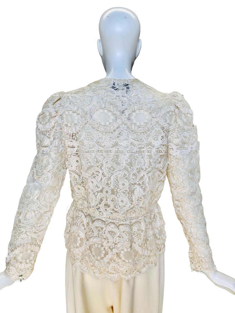 1980's Morton Myles Ivory Re-embroidered Lace Jacket w/Peplum
