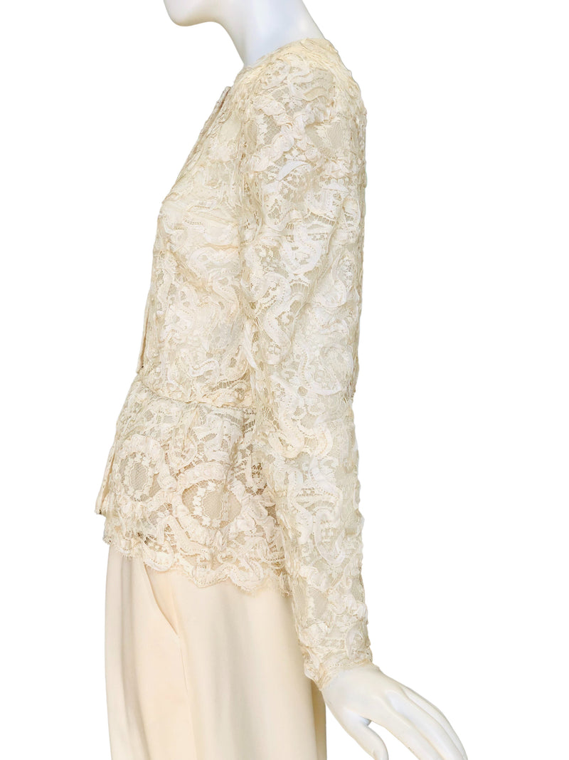 1980's Morton Myles Ivory Re-embroidered Lace Jacket w/Peplum