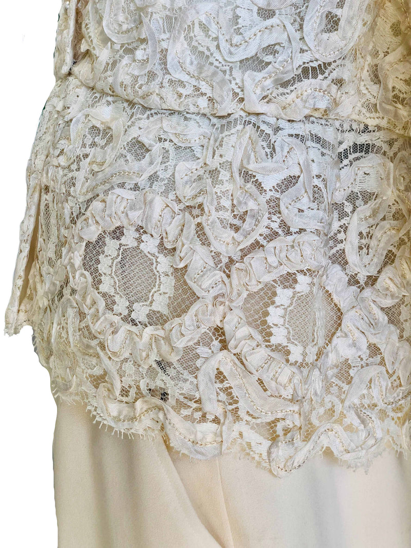 1980's Morton Myles Ivory Re-embroidered Lace Jacket w/Peplum