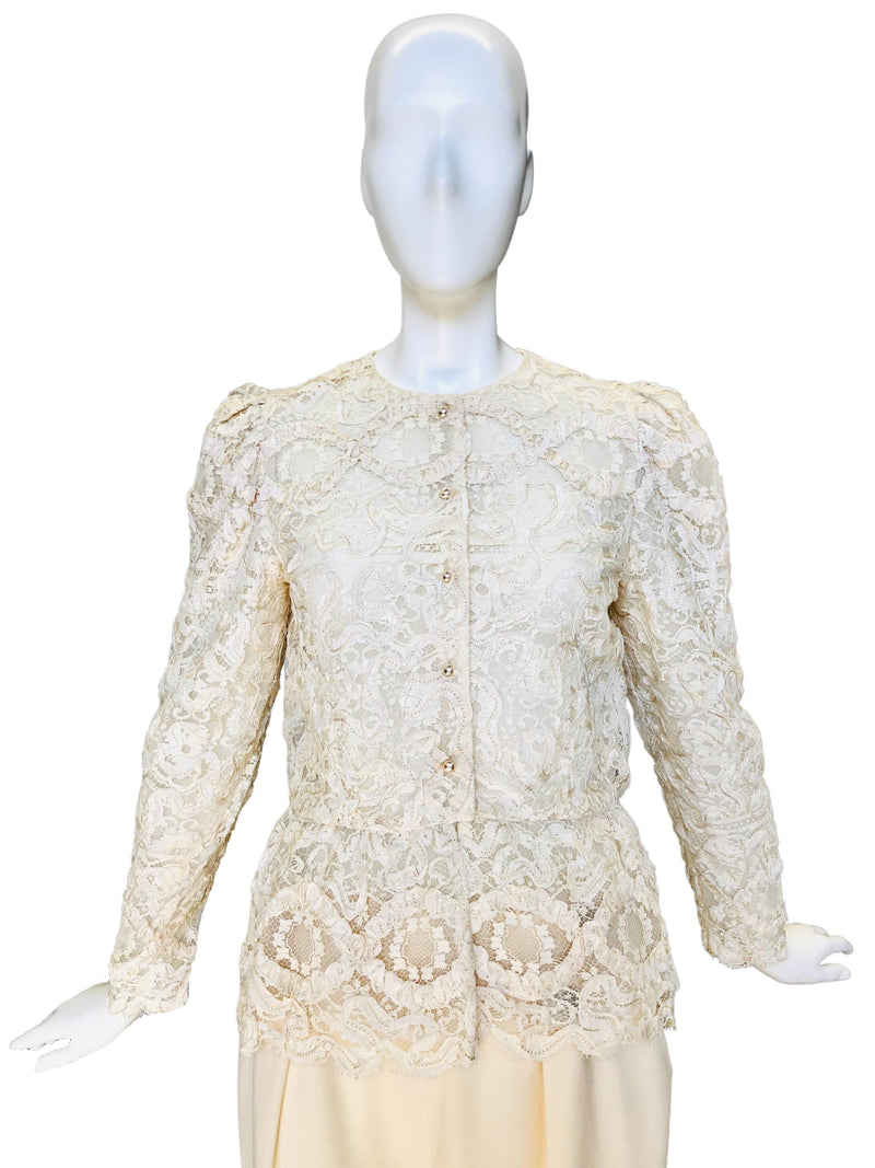 1980's Morton Myles Ivory Re-embroidered Lace Jacket w/Peplum
