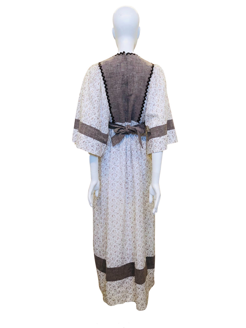 1960's Young Innocents by Arpeja Ivory and Brown Bohemian Floral Prairie Dress
