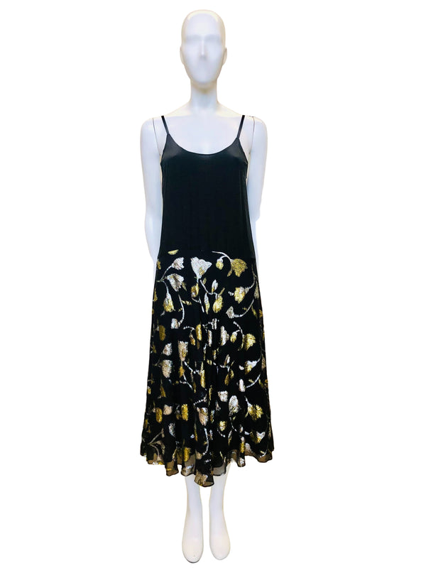 1980's The Silk Farm Black Slip Dress w/Lurex Floral Print Jacquard Skirt