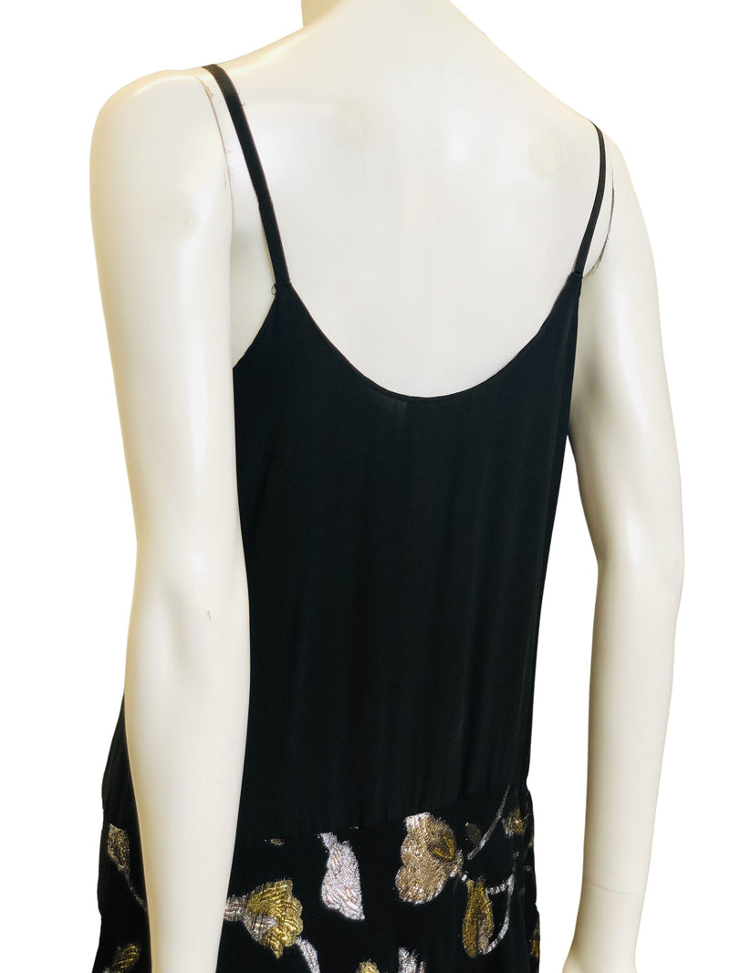 1980's The Silk Farm Black Slip Dress w/Lurex Floral Print Jacquard Skirt